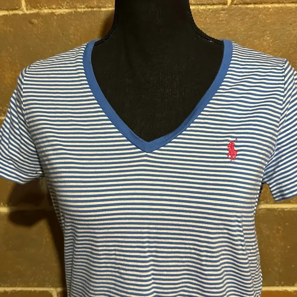 Ralph Lauren Girls Size L 12-14 Blue White Striped V-Neck T-Shirt Pink Pony